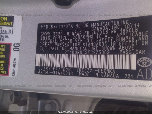 Photo 8 VIN: 2T1BURHE5FC275069 - TOYOTA COROLLA 