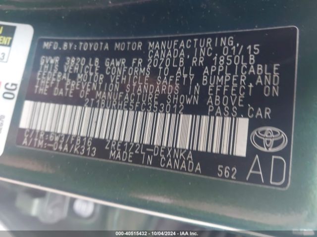 Photo 8 VIN: 2T1BURHE5FC353012 - TOYOTA COROLLA 