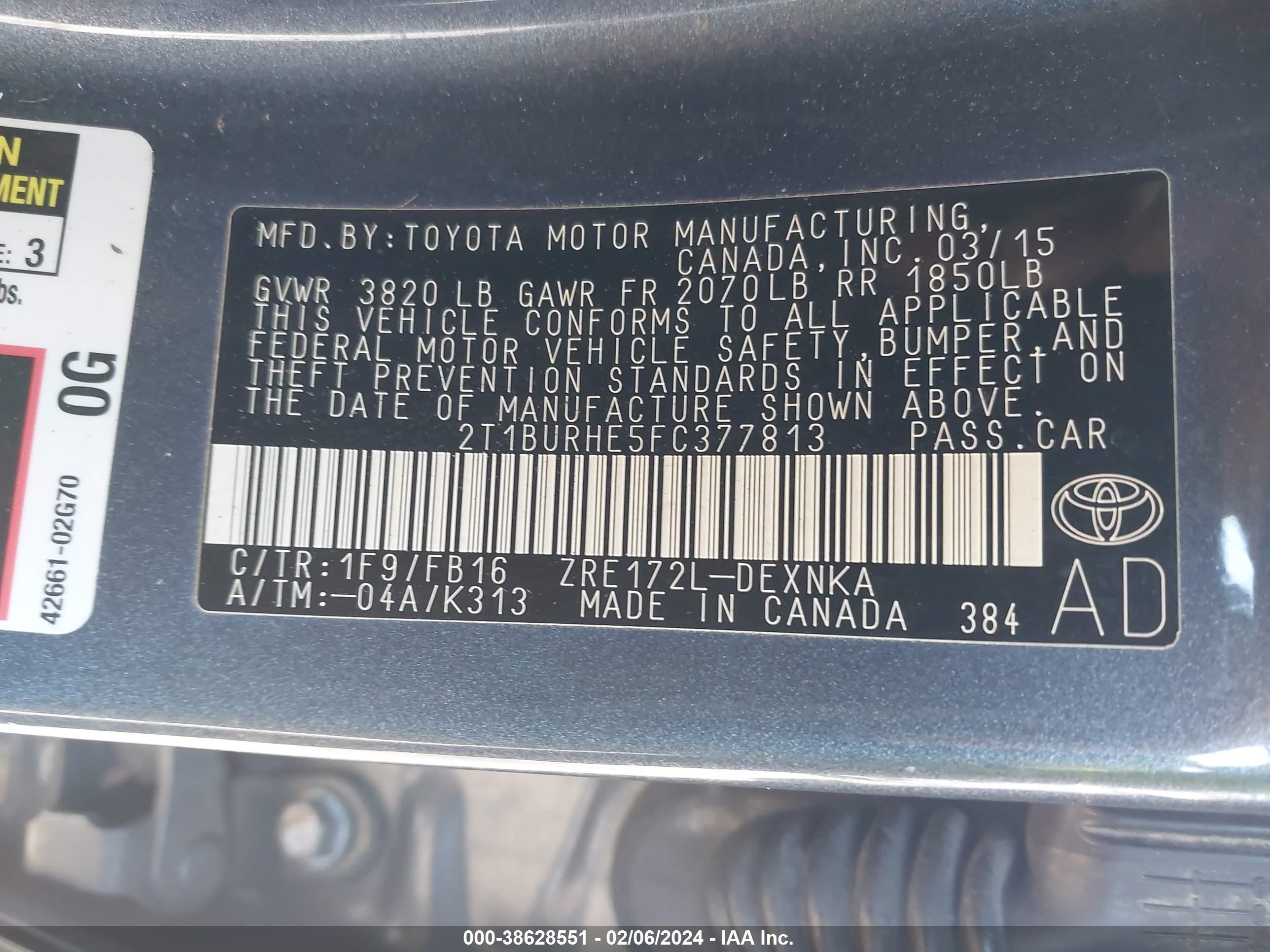 Photo 8 VIN: 2T1BURHE5FC377813 - TOYOTA COROLLA 