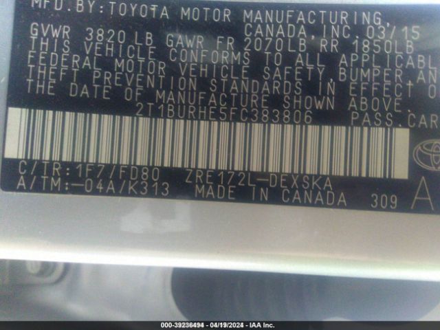 Photo 8 VIN: 2T1BURHE5FC383806 - TOYOTA COROLLA 