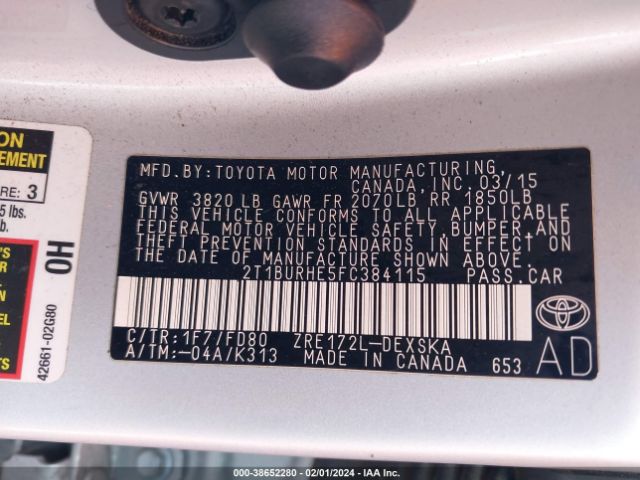 Photo 8 VIN: 2T1BURHE5FC384115 - TOYOTA COROLLA 