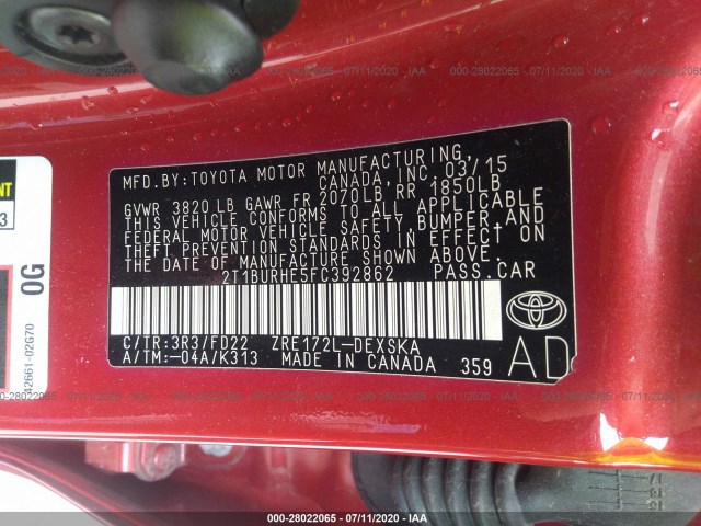 Photo 8 VIN: 2T1BURHE5FC392862 - TOYOTA COROLLA 