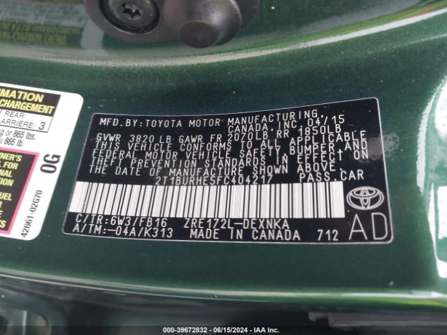 Photo 8 VIN: 2T1BURHE5FC404217 - TOYOTA COROLLA 