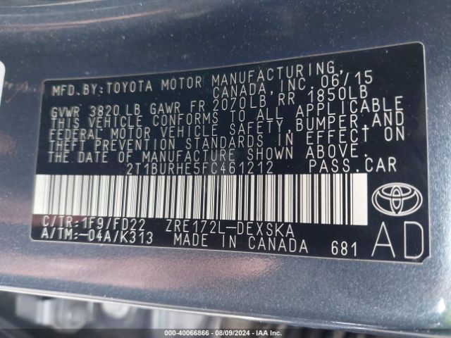 Photo 8 VIN: 2T1BURHE5FC461212 - TOYOTA COROLLA 