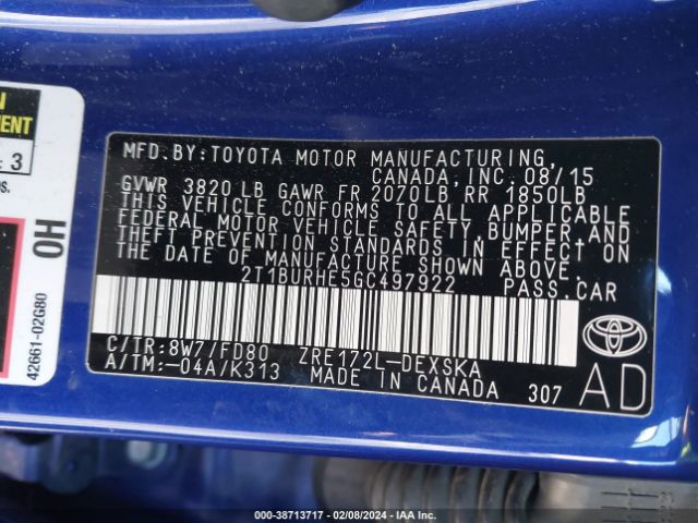 Photo 8 VIN: 2T1BURHE5GC497922 - TOYOTA COROLLA 