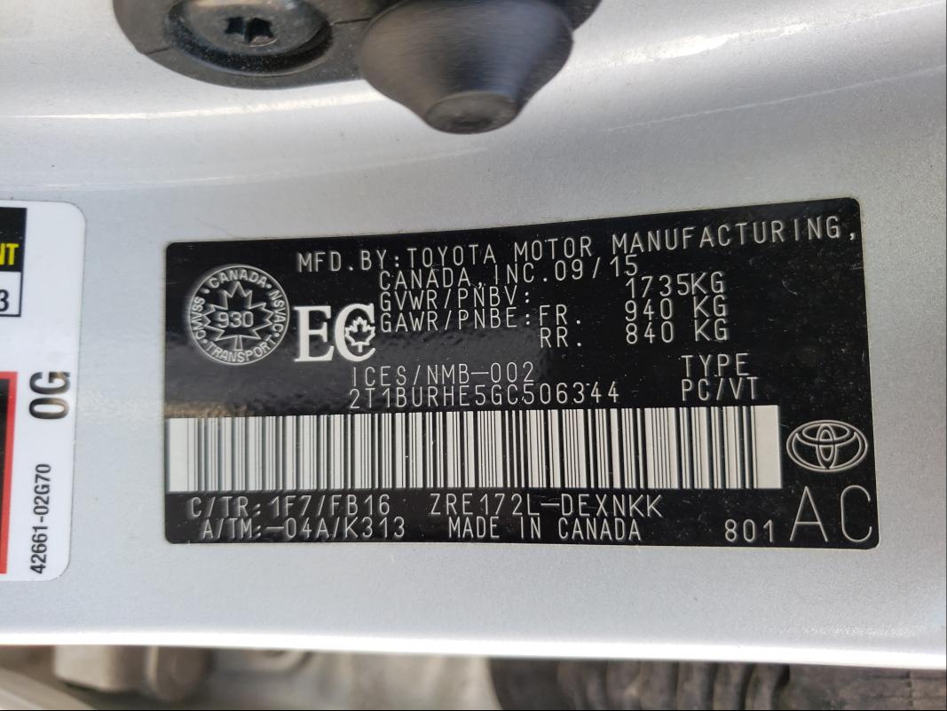 Photo 9 VIN: 2T1BURHE5GC506344 - TOYOTA COROLLA L 