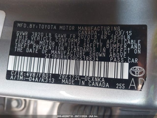 Photo 8 VIN: 2T1BURHE5GC518834 - TOYOTA COROLLA 