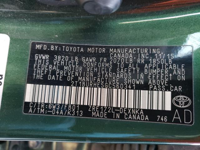 Photo 9 VIN: 2T1BURHE5GC560341 - TOYOTA COROLLA L 