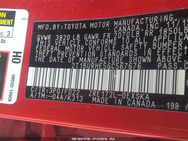 Photo 8 VIN: 2T1BURHE5GC567676 - TOYOTA COROLLA 