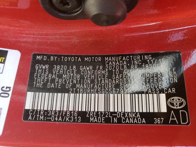 Photo 9 VIN: 2T1BURHE5GC567922 - TOYOTA COROLLA L 