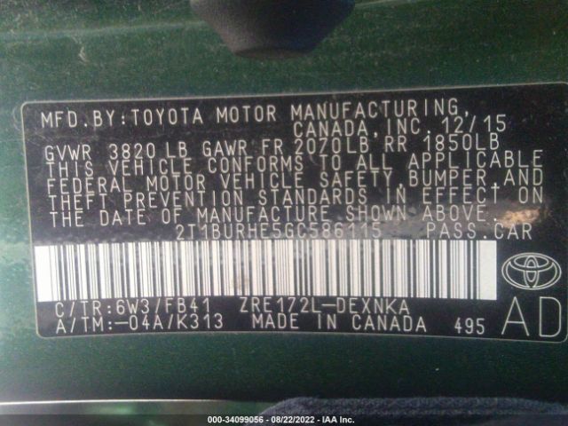 Photo 8 VIN: 2T1BURHE5GC586115 - TOYOTA COROLLA 