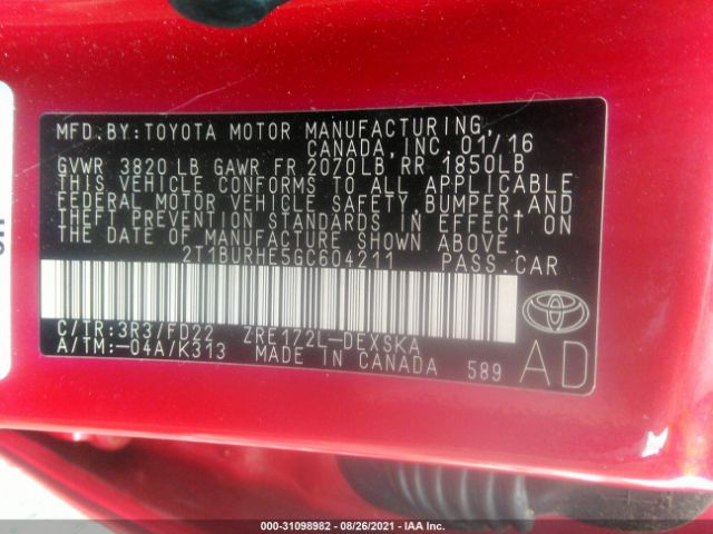 Photo 8 VIN: 2T1BURHE5GC604211 - TOYOTA COROLLA 