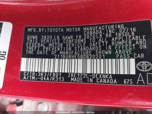 Photo 8 VIN: 2T1BURHE5GC620201 - TOYOTA COROLLA 