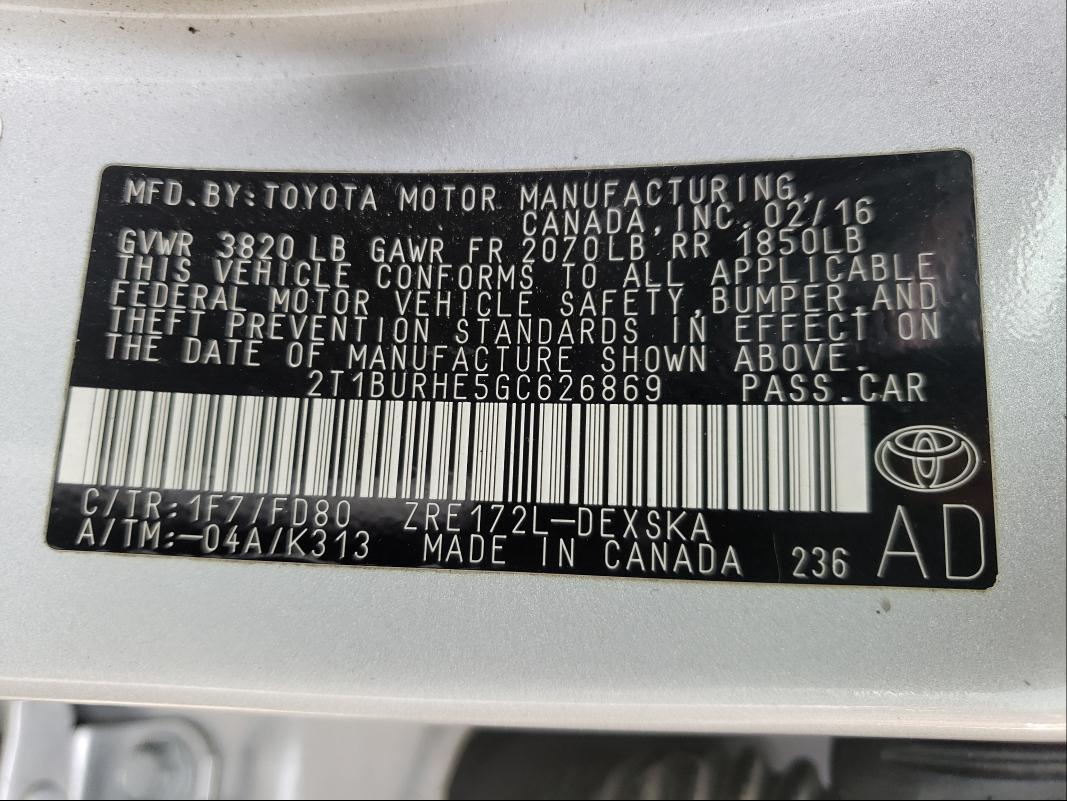 Photo 9 VIN: 2T1BURHE5GC626869 - TOYOTA COROLLA L 