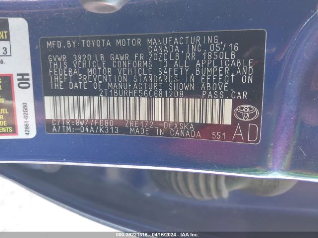 Photo 8 VIN: 2T1BURHE5GC681208 - TOYOTA COROLLA 