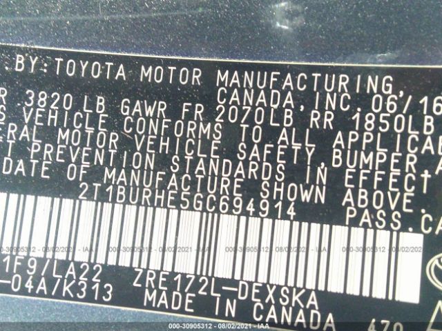 Photo 8 VIN: 2T1BURHE5GC694914 - TOYOTA COROLLA 