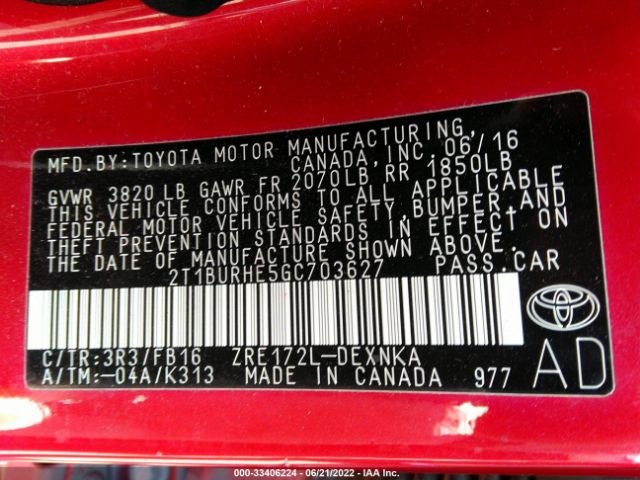 Photo 8 VIN: 2T1BURHE5GC703627 - TOYOTA COROLLA 