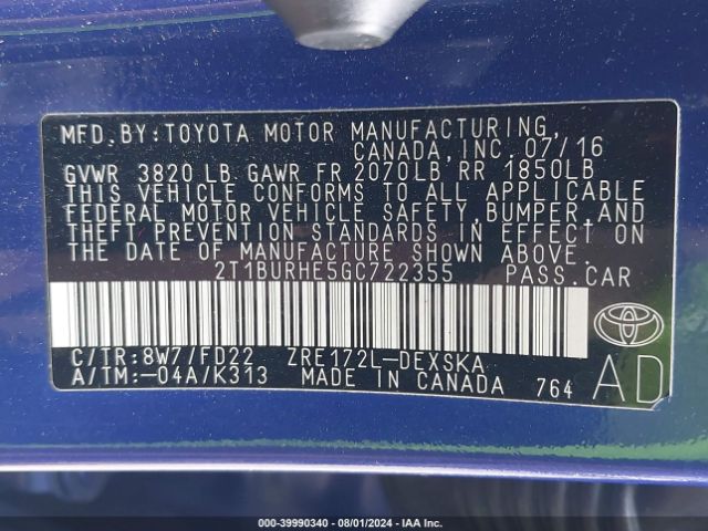 Photo 8 VIN: 2T1BURHE5GC722355 - TOYOTA COROLLA 