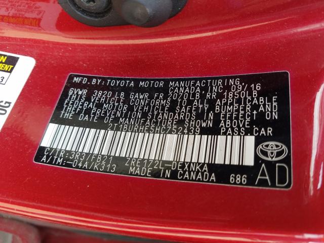 Photo 9 VIN: 2T1BURHE5HC752439 - TOYOTA COROLLA L 