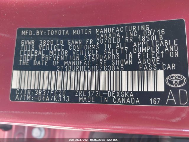 Photo 8 VIN: 2T1BURHE5HC763845 - TOYOTA COROLLA 