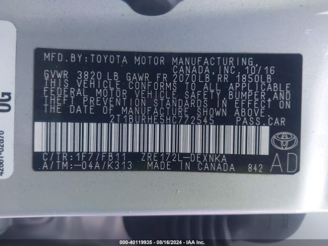 Photo 8 VIN: 2T1BURHE5HC772545 - TOYOTA COROLLA 