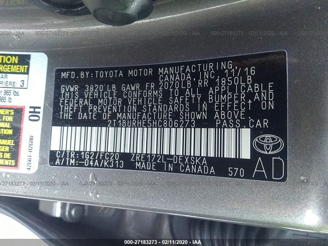 Photo 8 VIN: 2T1BURHE5HC806273 - TOYOTA COROLLA 