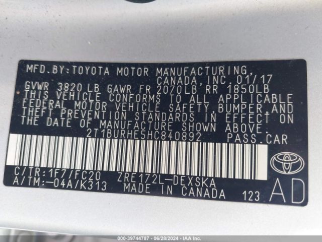 Photo 8 VIN: 2T1BURHE5HC840892 - TOYOTA COROLLA 