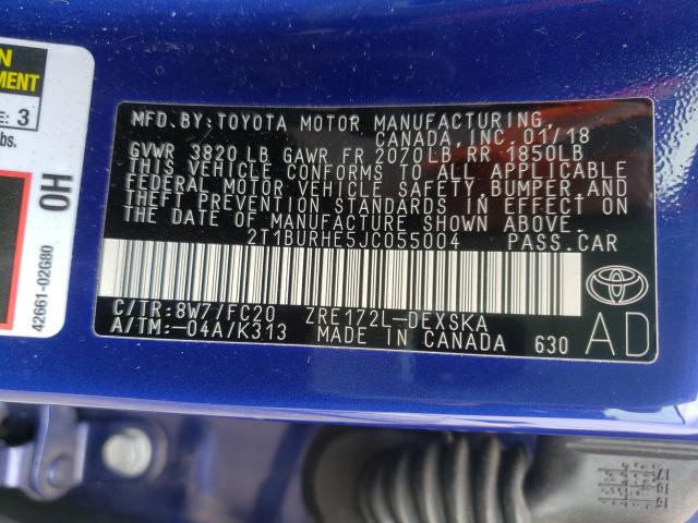 Photo 9 VIN: 2T1BURHE5JC055004 - TOYOTA COROLLA L 