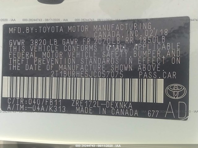 Photo 8 VIN: 2T1BURHE5JC057075 - TOYOTA COROLLA 