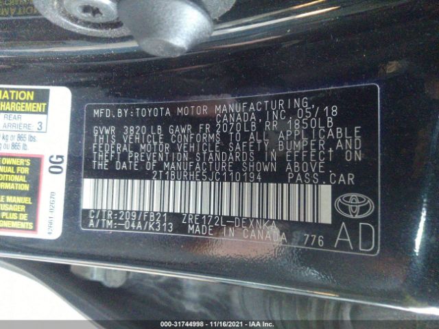 Photo 8 VIN: 2T1BURHE5JC110194 - TOYOTA COROLLA 