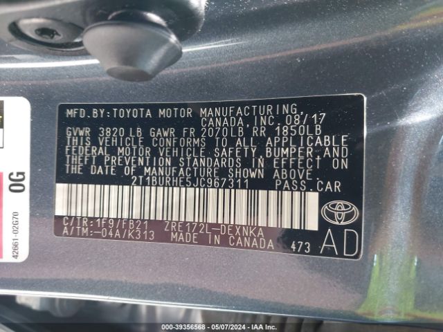 Photo 8 VIN: 2T1BURHE5JC967311 - TOYOTA COROLLA 