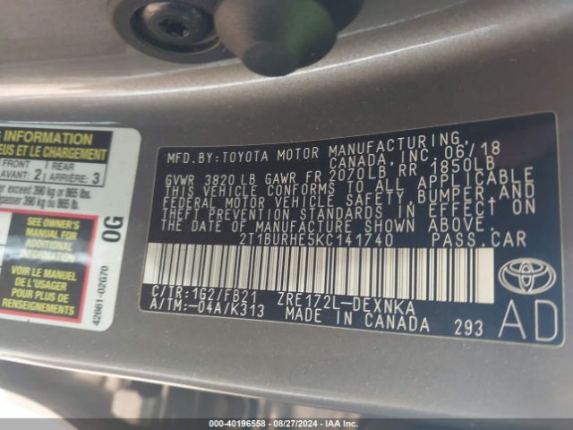 Photo 8 VIN: 2T1BURHE5KC141740 - TOYOTA COROLLA 