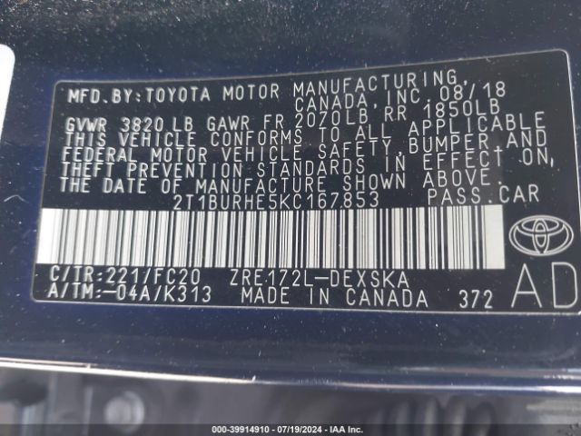 Photo 8 VIN: 2T1BURHE5KC167853 - TOYOTA COROLLA 