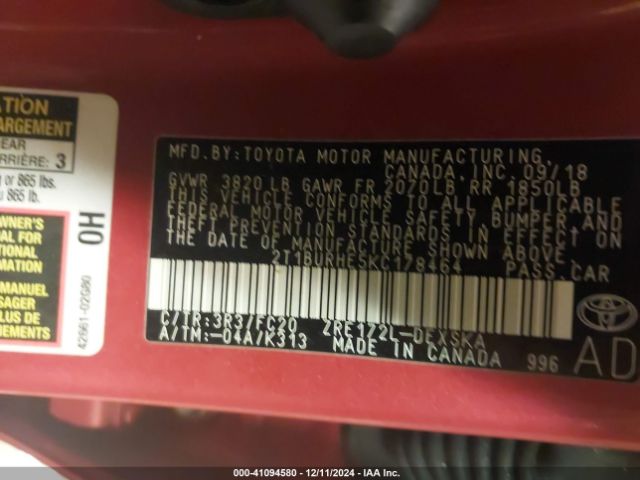 Photo 8 VIN: 2T1BURHE5KC178464 - TOYOTA COROLLA 