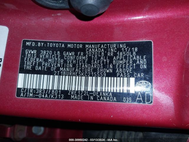 Photo 8 VIN: 2T1BURHE5KC215559 - TOYOTA COROLLA 