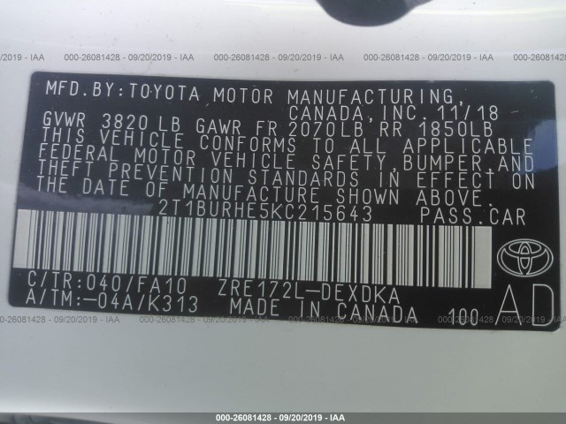 Photo 8 VIN: 2T1BURHE5KC215643 - TOYOTA COROLLA 