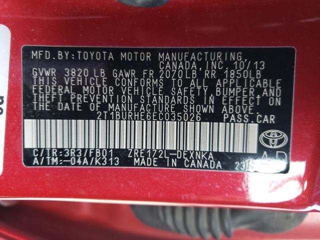 Photo 9 VIN: 2T1BURHE6EC035026 - TOYOTA COROLLA L 