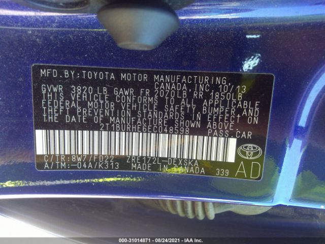 Photo 8 VIN: 2T1BURHE6EC048598 - TOYOTA COROLLA 