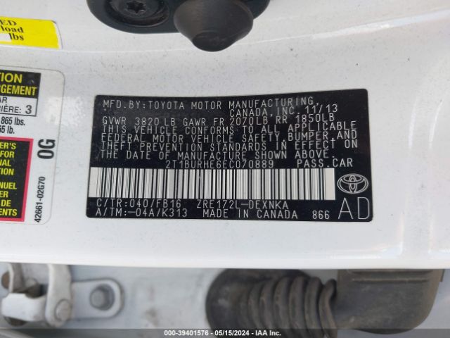 Photo 8 VIN: 2T1BURHE6EC070889 - TOYOTA COROLLA 