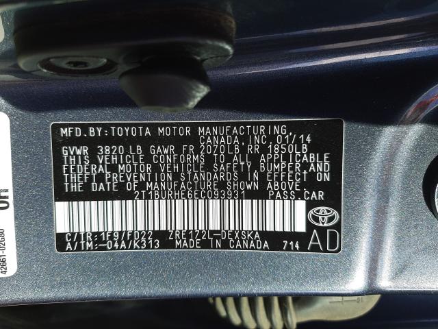 Photo 9 VIN: 2T1BURHE6EC093931 - TOYOTA COROLLA L 