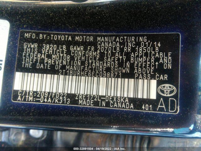 Photo 8 VIN: 2T1BURHE6EC098871 - TOYOTA COROLLA 