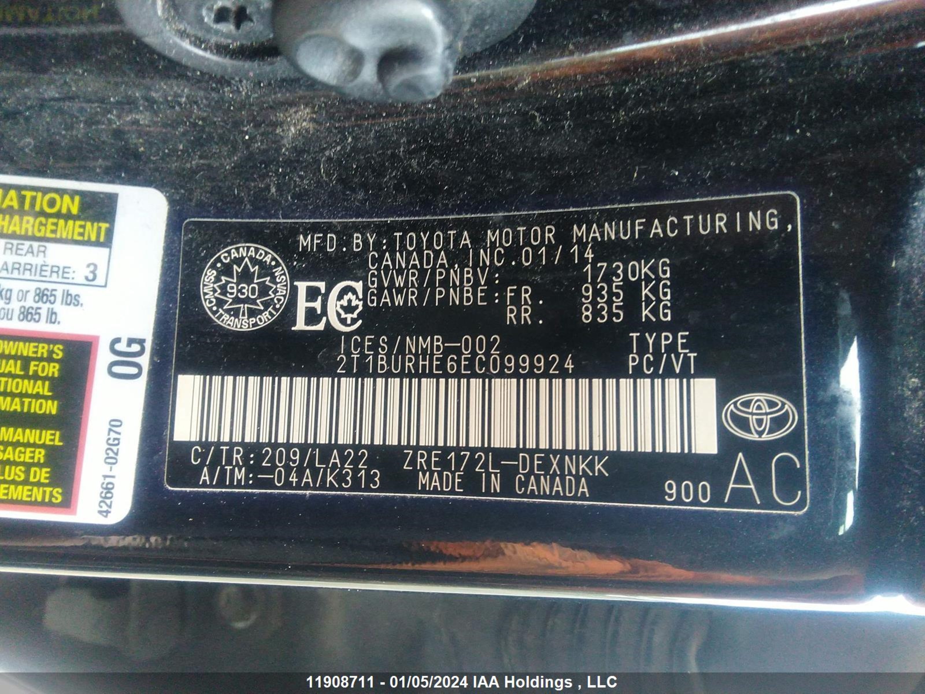 Photo 8 VIN: 2T1BURHE6EC099924 - TOYOTA COROLLA 