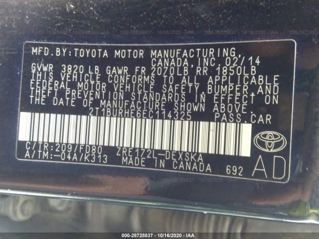 Photo 8 VIN: 2T1BURHE6EC114325 - TOYOTA COROLLA 