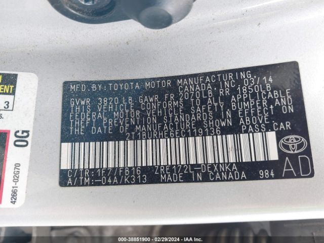 Photo 8 VIN: 2T1BURHE6EC119136 - TOYOTA COROLLA 