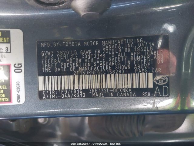 Photo 8 VIN: 2T1BURHE6EC156283 - TOYOTA COROLLA 