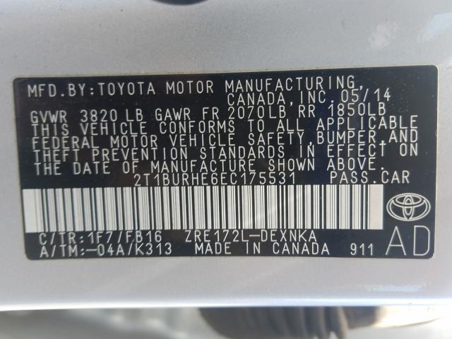 Photo 9 VIN: 2T1BURHE6EC175531 - TOYOTA COROLLA L 