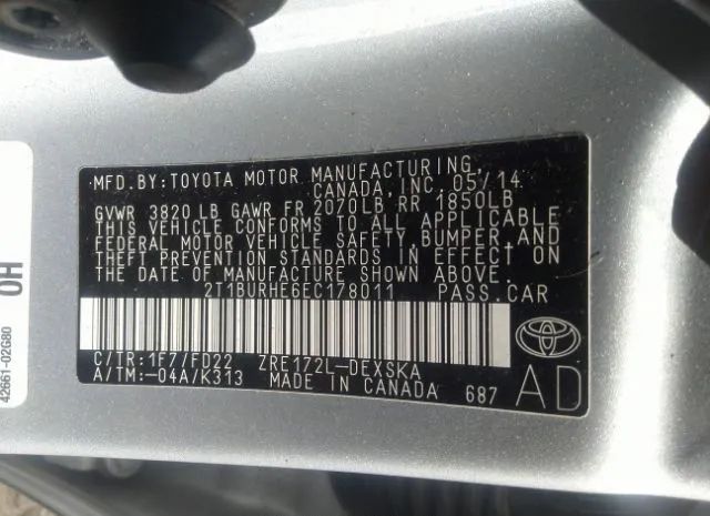 Photo 8 VIN: 2T1BURHE6EC178011 - TOYOTA COROLLA 