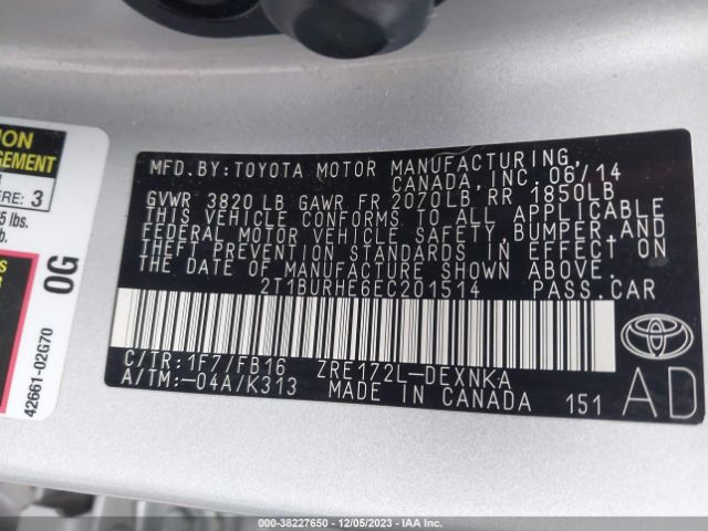 Photo 8 VIN: 2T1BURHE6EC201514 - TOYOTA COROLLA 