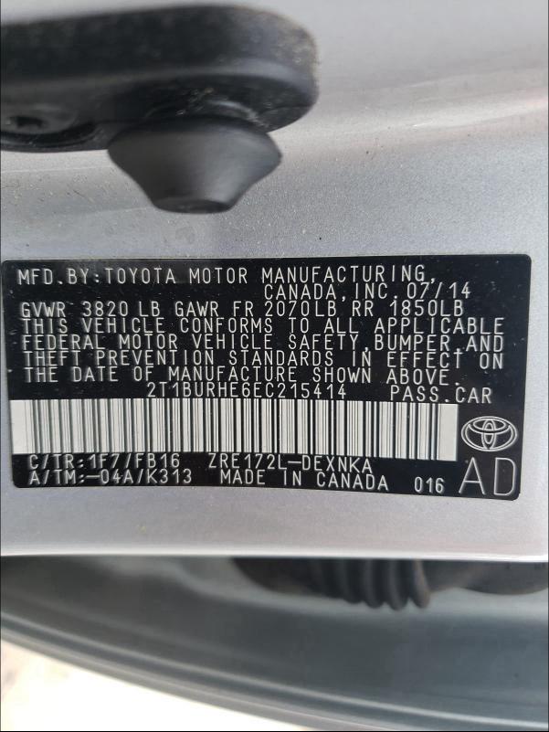 Photo 9 VIN: 2T1BURHE6EC215414 - TOYOTA COROLLA L 