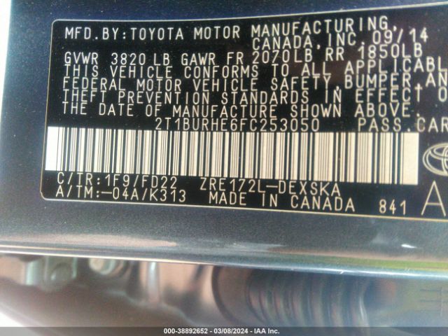 Photo 8 VIN: 2T1BURHE6FC253050 - TOYOTA COROLLA 